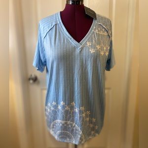 JustFashionNow 3XL Womens Blue White VNeck Short Sleeve Boho Coastal Top New